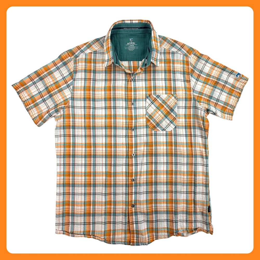 KUHL‎ Short Sleeve Shirt Men Large Orange Teal Plaid 100% Organic Cotton Hiking